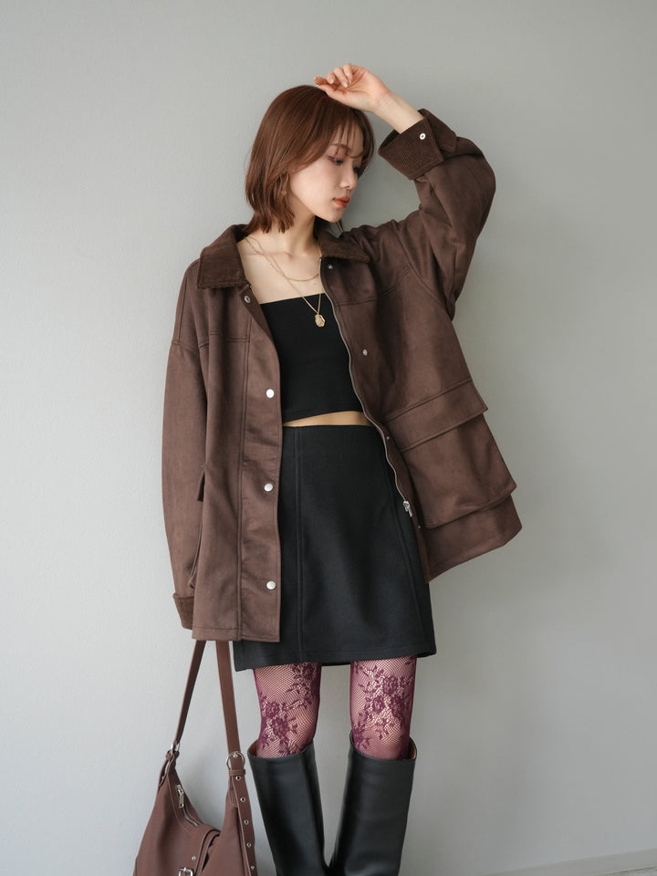 [予約]コーデュロイ襟スウェードミドルジャケット /ブラウン