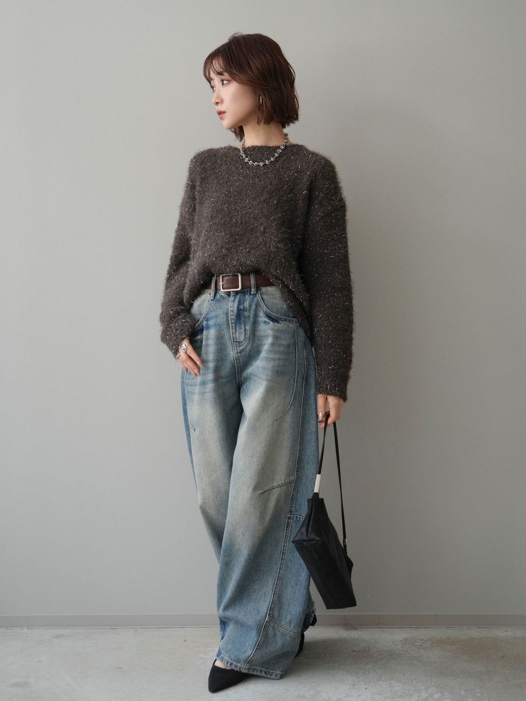 [SET]モールラメミックスヤーンニットプルオーバー+ベルト付カーブデニムパンツ(2set)