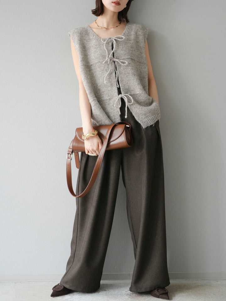 [予約]レザーパイピングタックワイドパンツ/ブラウン