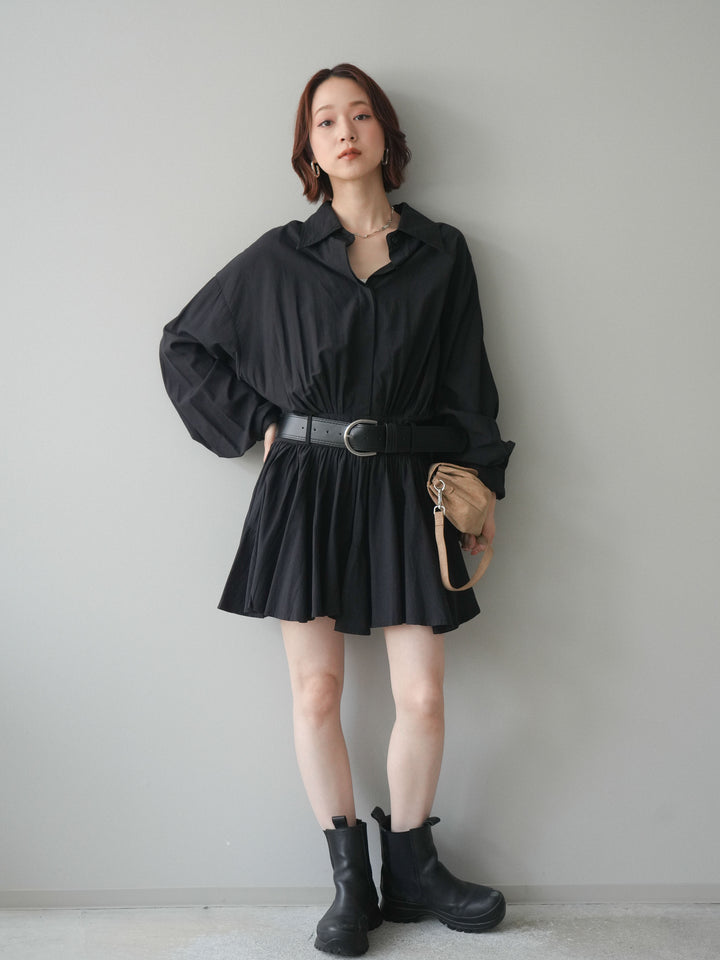 [予約]ベルト付フレアシャツミニワンピース/black