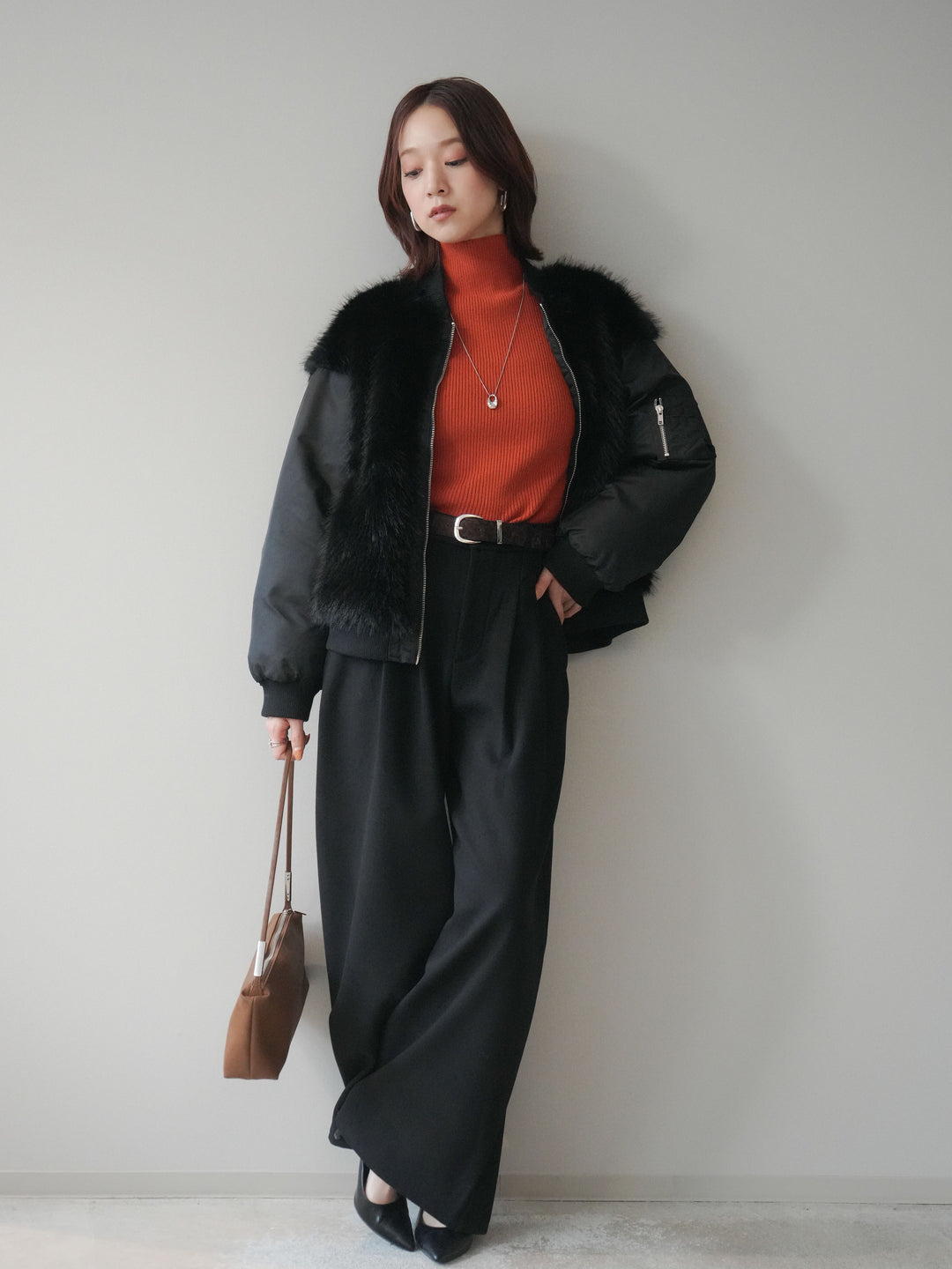 [SET]ファードッキングMA-1+アニマル柄ベルト付きウールタッチワイドパンツ(2set)