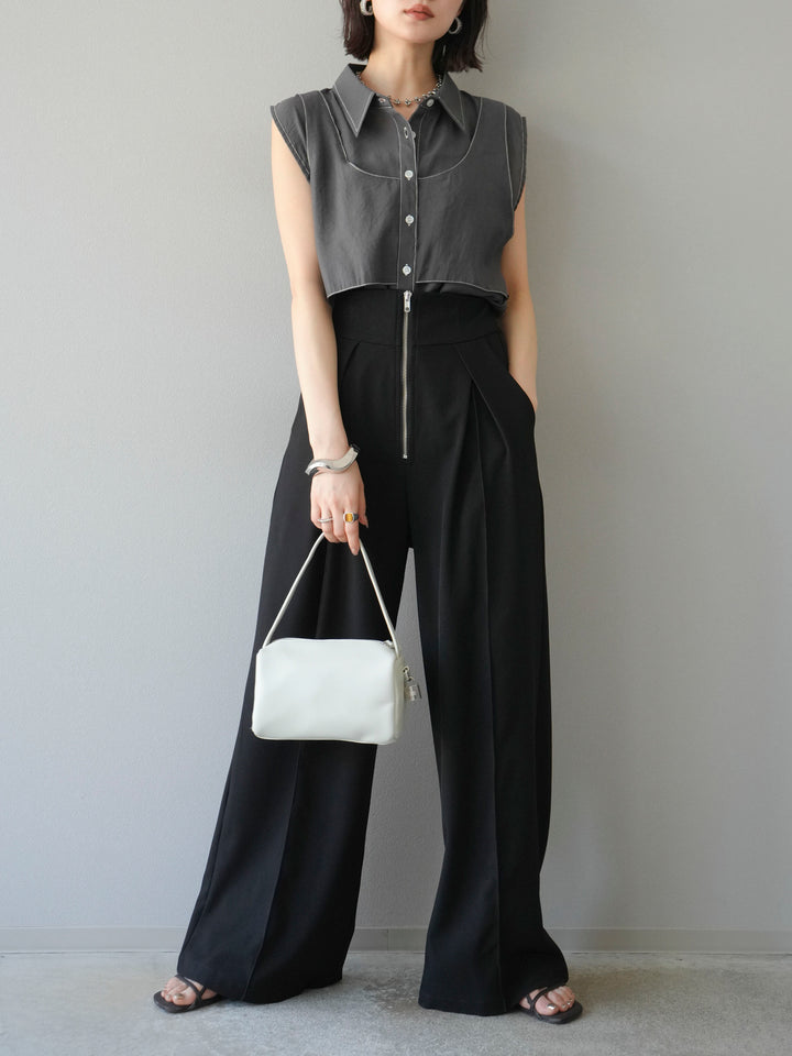 [預訂] 縫合透視多層設計襯衫/炭灰色