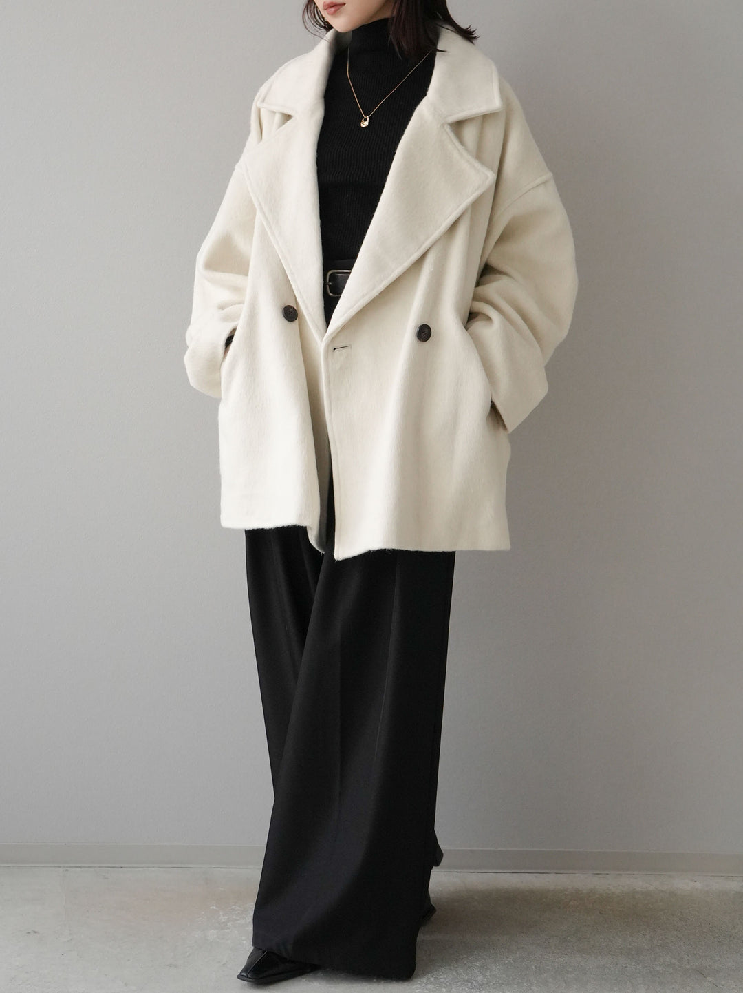 [SET]フェイクビーバーミドルコート+袖ボタンハイネックリブニットトップス+ベルト付ウールタッチワイドパンツL(3set)