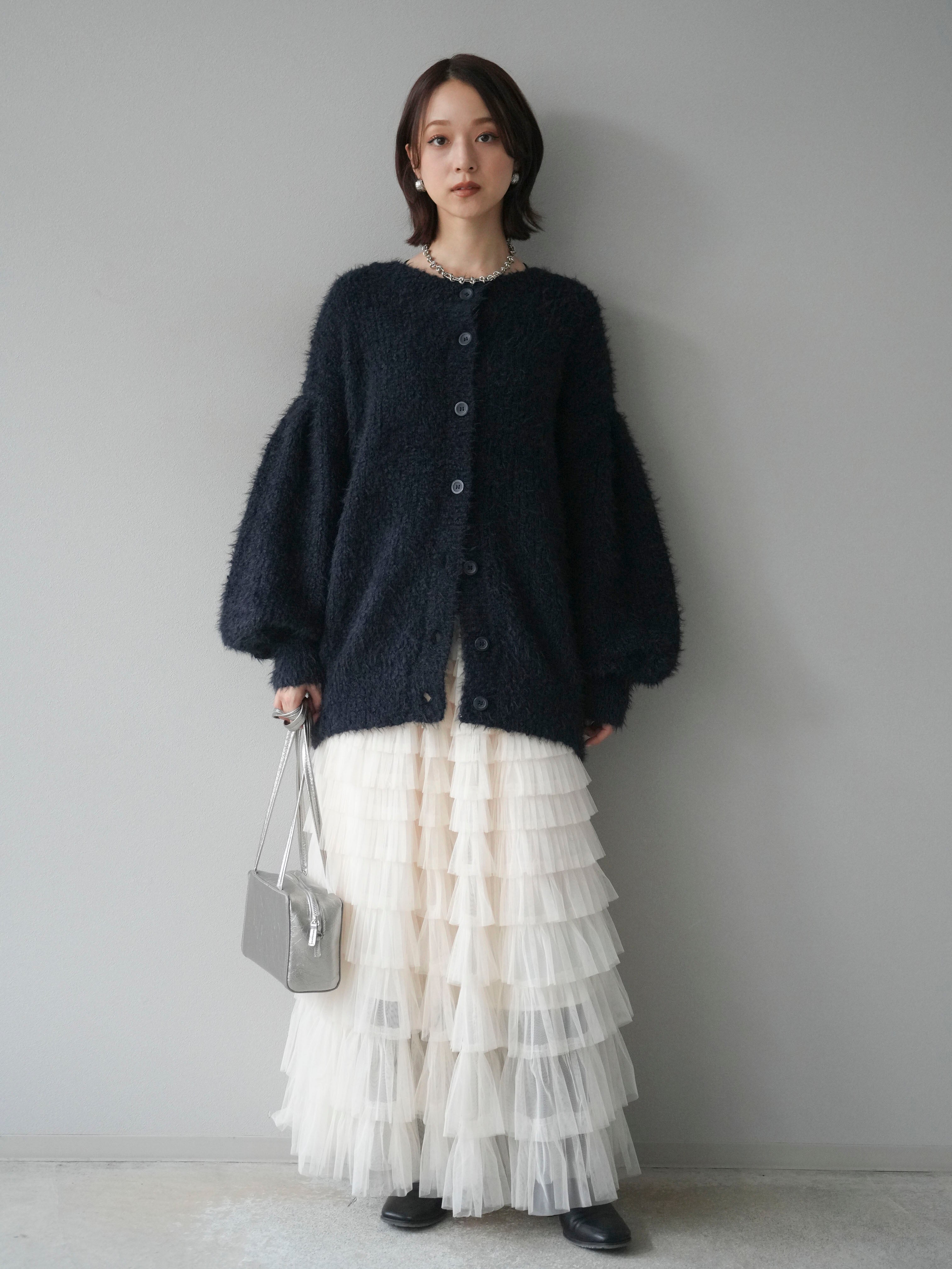予約]クルーネックランダムシャギーカーディガン/ネイビー – Lumier