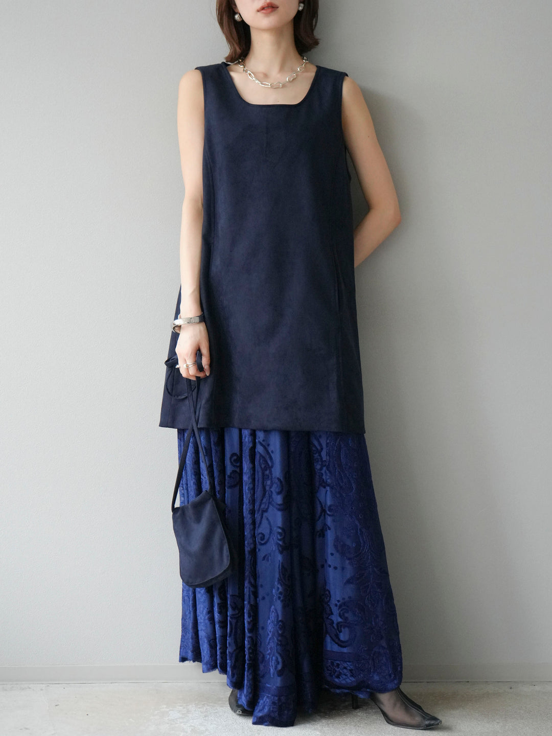 [予約]アンティーク柄フロッキーマキシスカート/ブルー