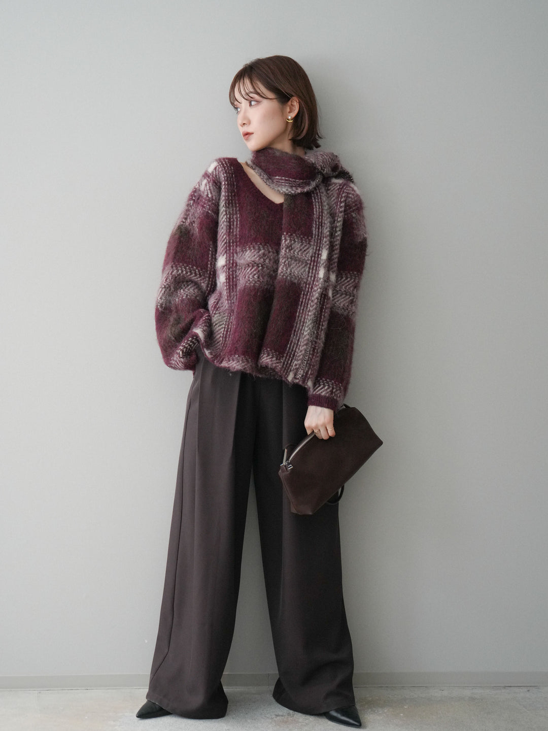 [SET]ストール付シャギーチェックニットプルオーバー+ベルトループデザインワイドパンツ(2set)