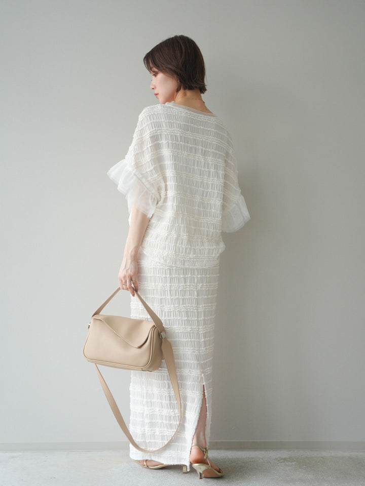 [SET]チュール袖リップルトップス+リップルIラインスカート(2set)