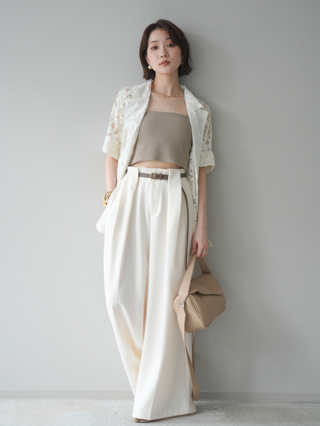 【套裝】花朵蕾絲短袖外套+垂褶收腰帶環長褲（兩件套）