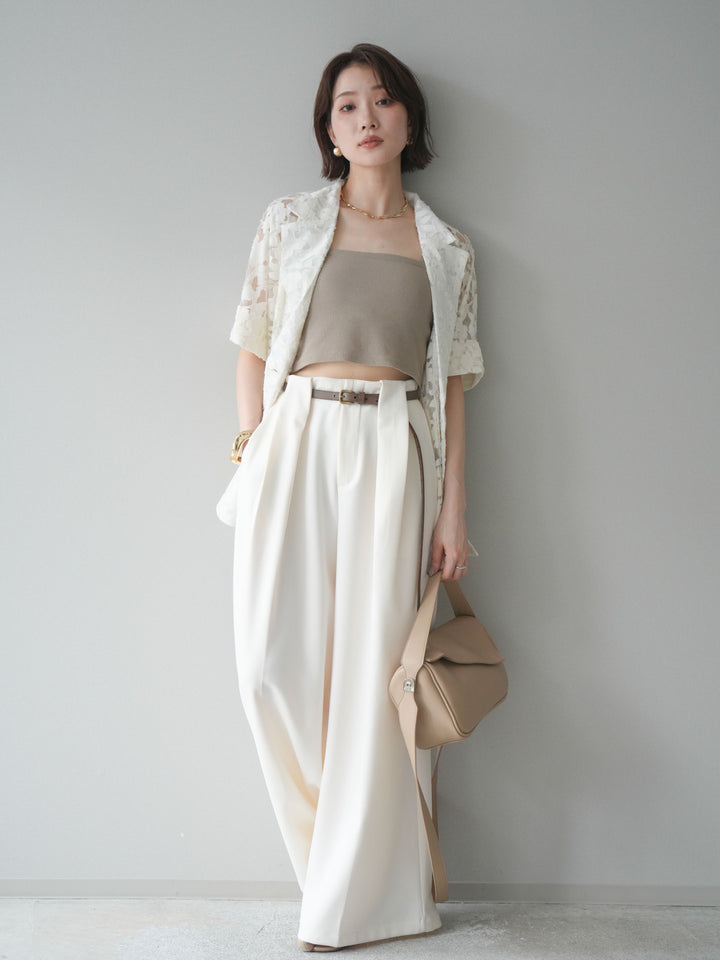 【套裝】花朵蕾絲短袖外套+垂褶收腰帶環長褲（兩件套）