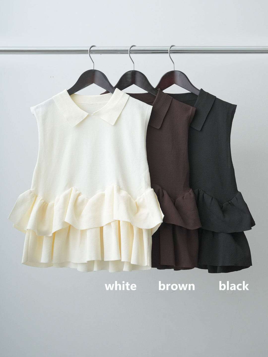【套裝】層疊雙層荷葉邊無袖針織上衣 + 條紋寬腿直筒牛仔褲（兩件式）