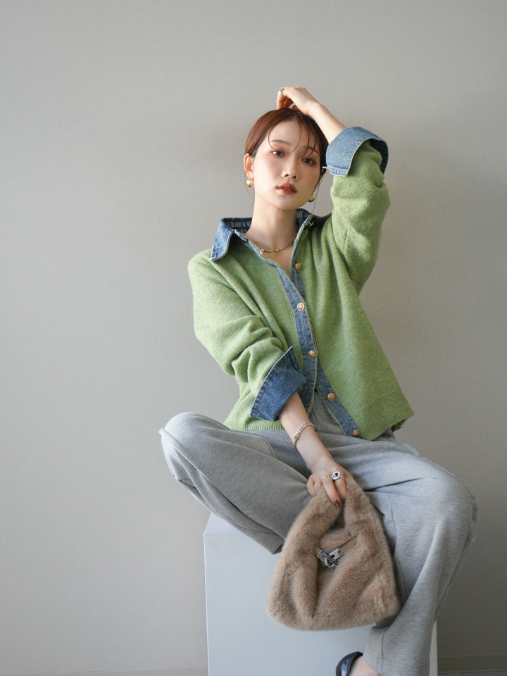 [予約]デニム襟ボタンニットカーディガン/pistachio