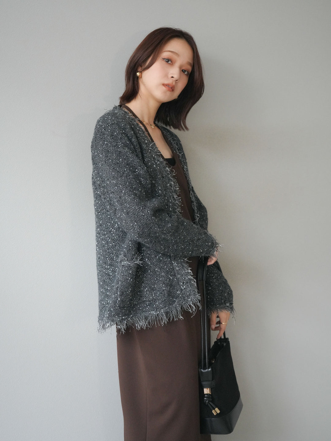 [予約]ネップフリンジニットカーディガン/ gray