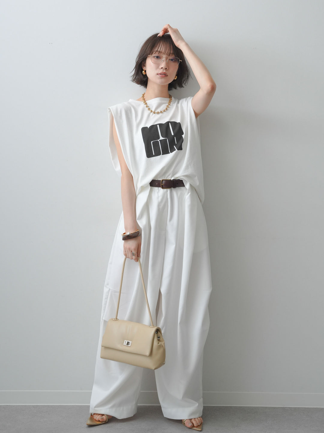 [SET]ワイドネックプリントTEE+ショルダータックノースリーブオーバーTEE(2set)