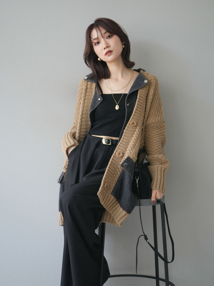 [SET]デニム襟レイヤードニットジャケット+ベルトループデザインワイドパンツ(2set)