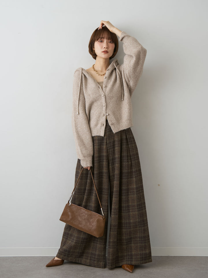 [SET]アルパカタッチソフトリブフードニットトップス+チェックダブルタックワイドパンツ(2set)