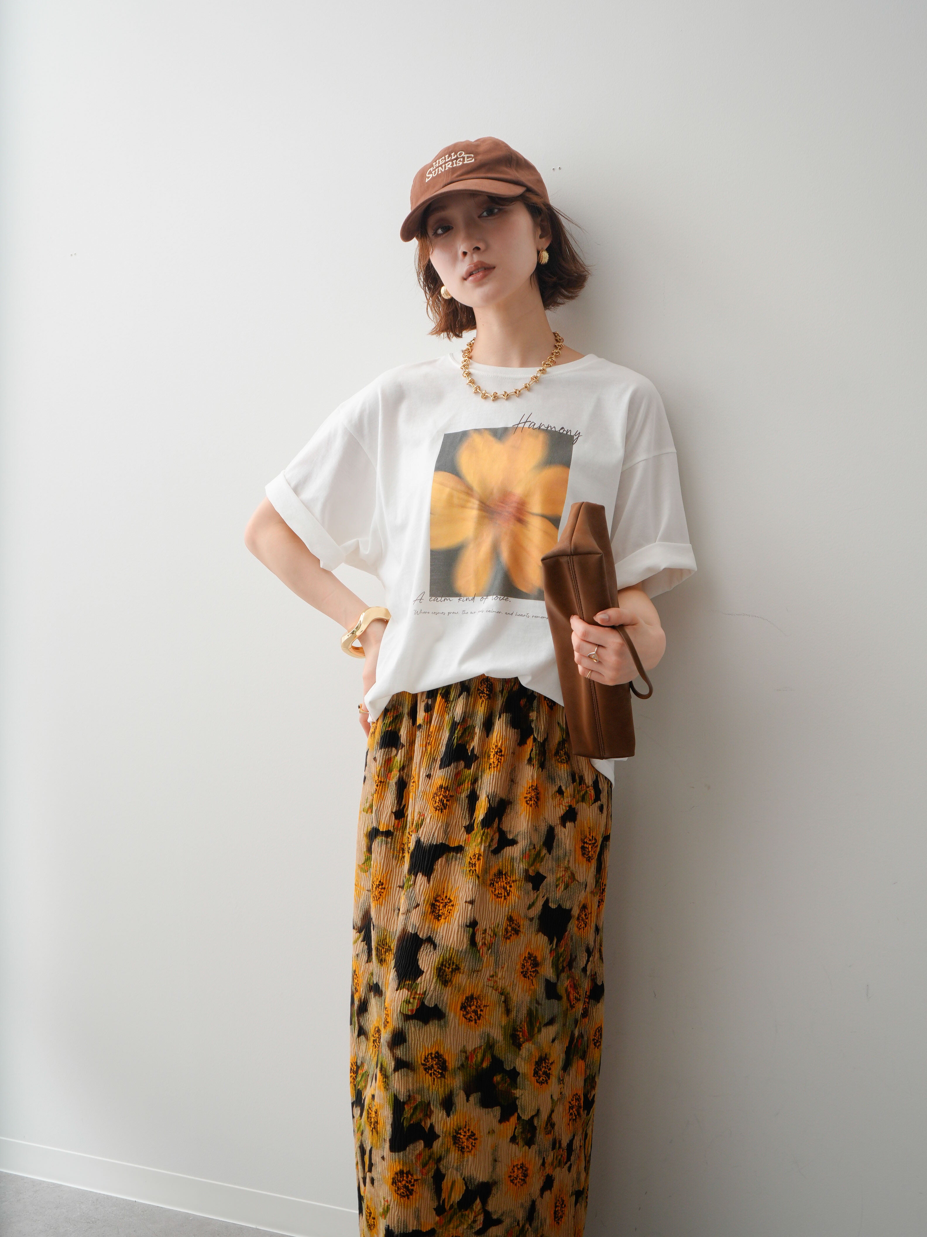 SET]フラワーフォトTEE+フラワープリントIラインギャザースカート(2set