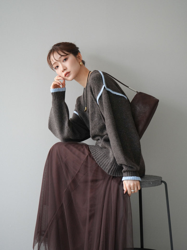 [予約]バイカラーパイピングニットプルオーバー/brown