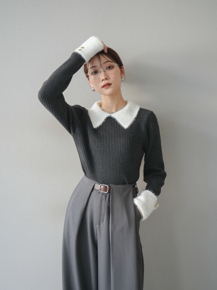 [SET]シャギー襟リブニットトップス+ベルトループデザインワイドパンツ(2set)