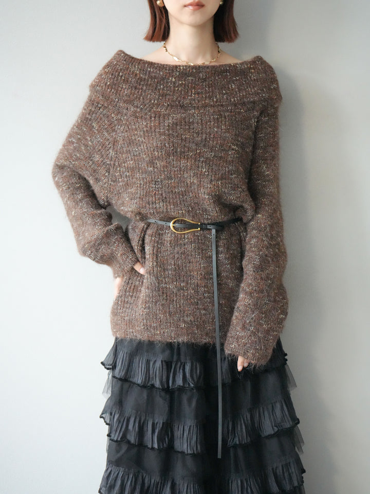 [予約]ミックスヤーンオフショルルーズニットプルオーバー/ブラウン