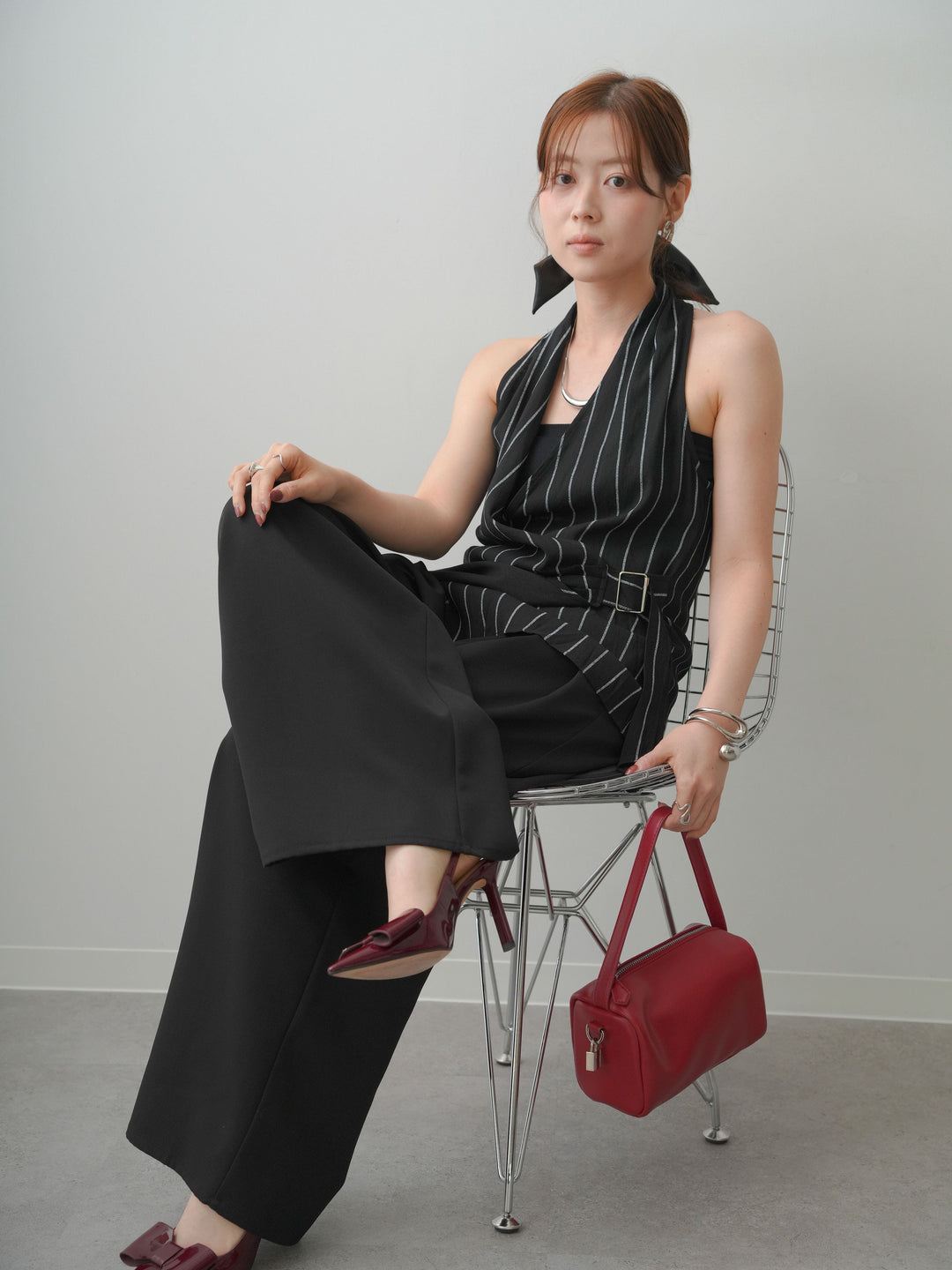 [SET]ストライプカシュクールジレ+クレープデシンタックワイドパンツ(2set)