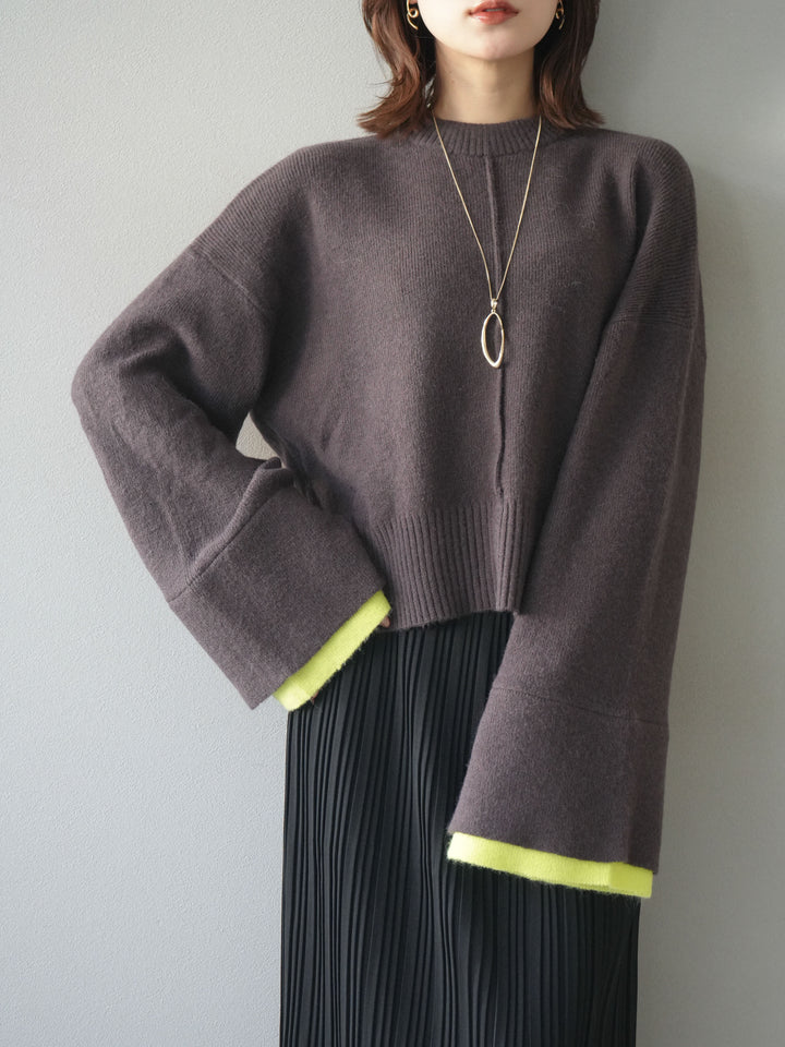 [予約]袖レイヤード配色ニットプルオーバー/brown