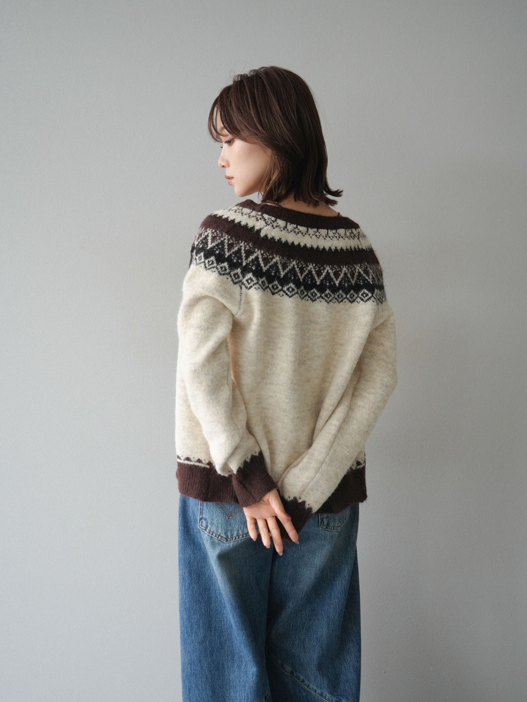 [SET]ノルディック柄ニットカーディガン+ペインターカーブデニムパンツ(2set)