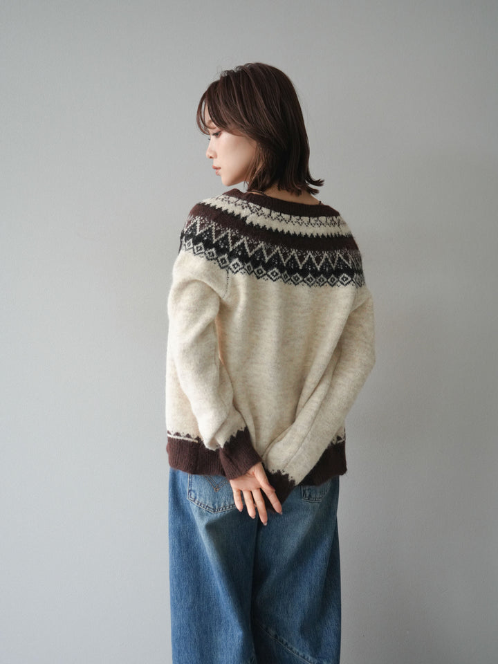 [SET]ノルディック柄ニットカーディガン+ペインターカーブデニムパンツ(2set)