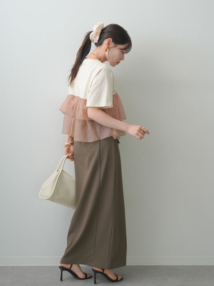 [SET]オーガンジーフリルドッキングTEE+クレープデシンフラップ付きストレートスカート(2set)
