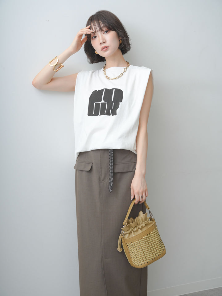 [SET]ショルダータックノースリーブオーバーTEE+ショルダータックノースリーブオーバーTEE+クレープデシンフラップ付きストレートスカート(3set)