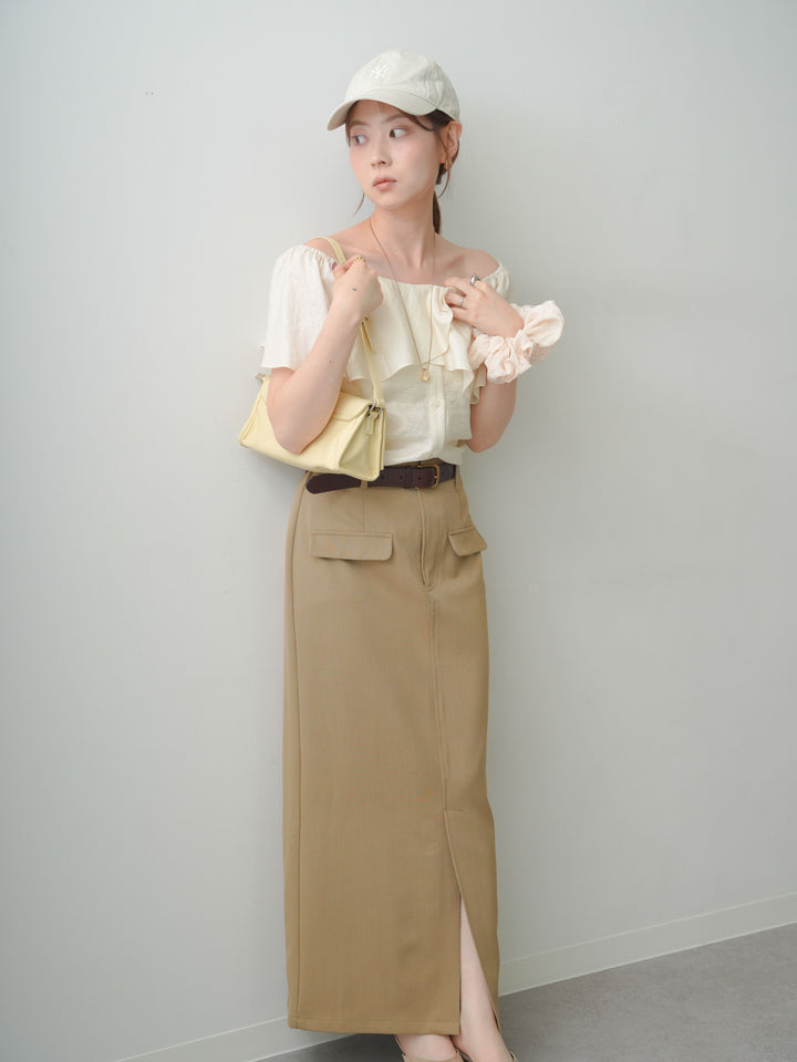 [SET]ラッフルオフショルブラウス+クレープデシンフラップ付きストレートスカート(2set)