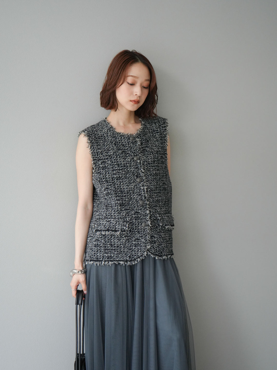 [予約]ミックスツイードフリンジニットベスト/ブラック