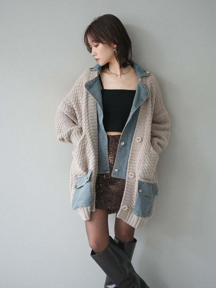 [SET]デニム襟レイヤードニットジャケット+デニム襟レイヤードニットジャケット(2set)