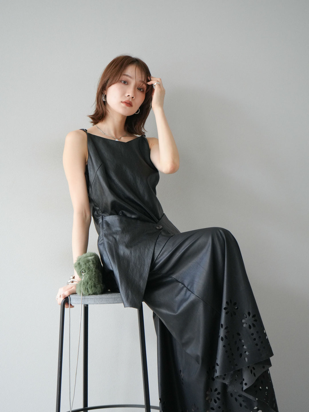 [予約]レイヤードレザーキャミソールチュニック/ブラック