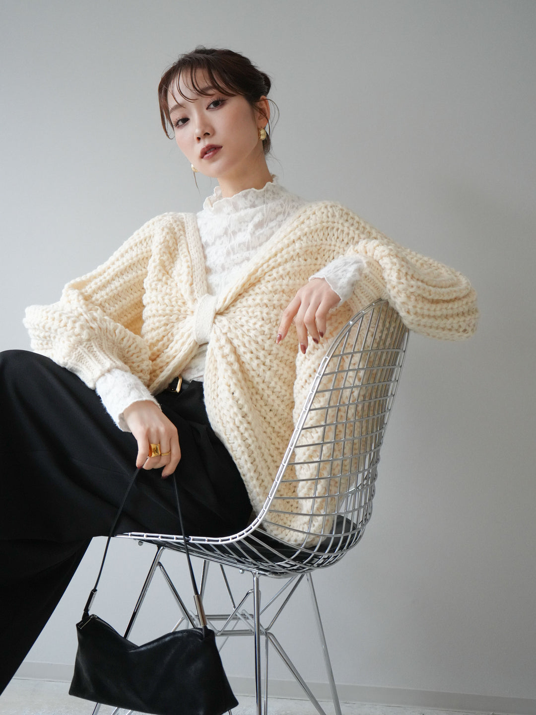 [SET]ローゲージ畦編みドルマンニットボレロ+起毛レースプチネックトップス+ベルトループデザインワイドパンツM(3set)