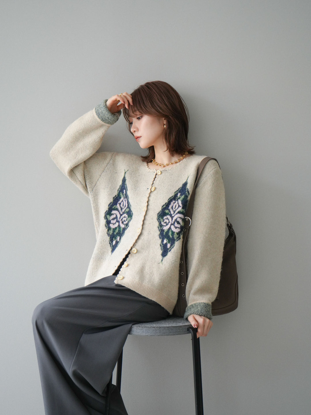 [予約]アンティークフラワージャガードニットカーディガン/ivory