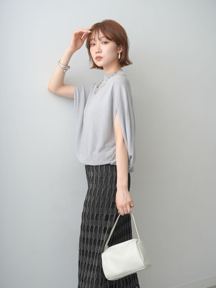 [予約]ボトルネックドロップショルダーニットトップス/grey