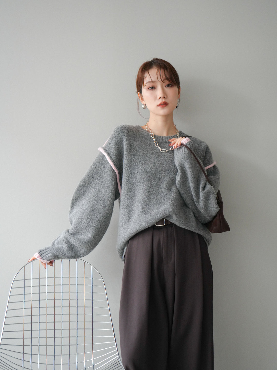 [予約]バイカラーパイピングニットプルオーバー/gray