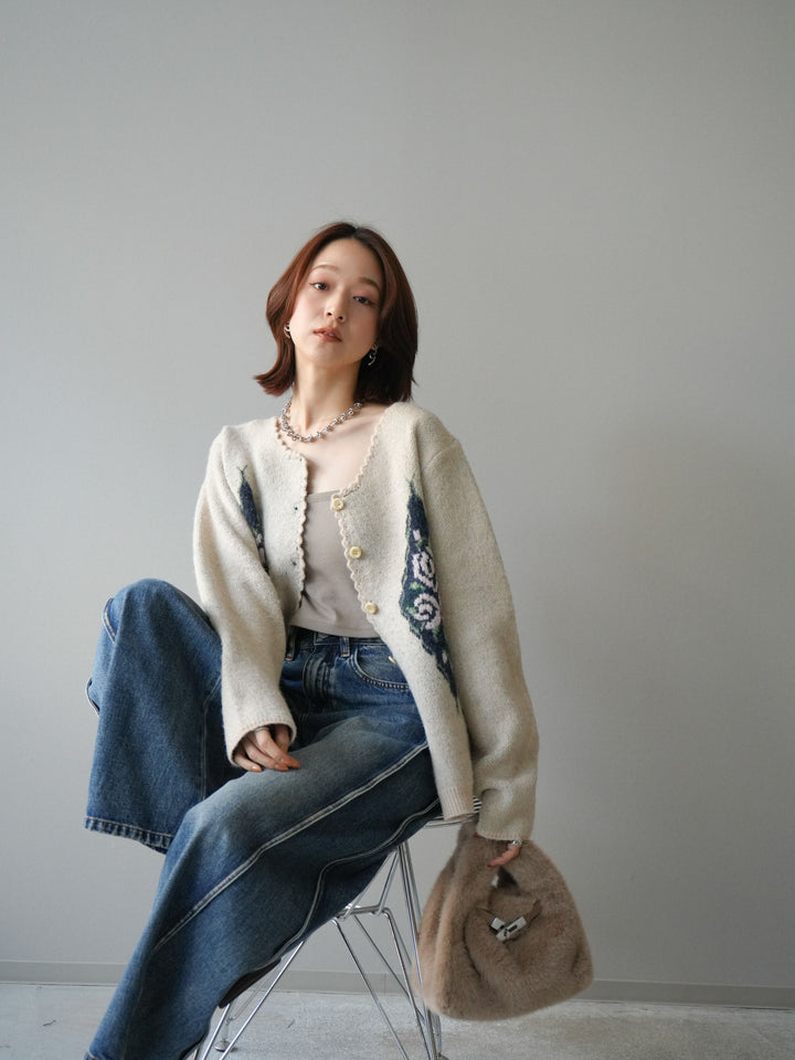 [予約]アンティークフラワージャガードニットカーディガン/ivory