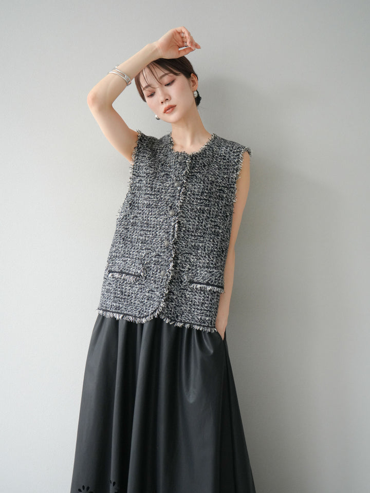[予約]ミックスツイードフリンジニットベスト/ブラック