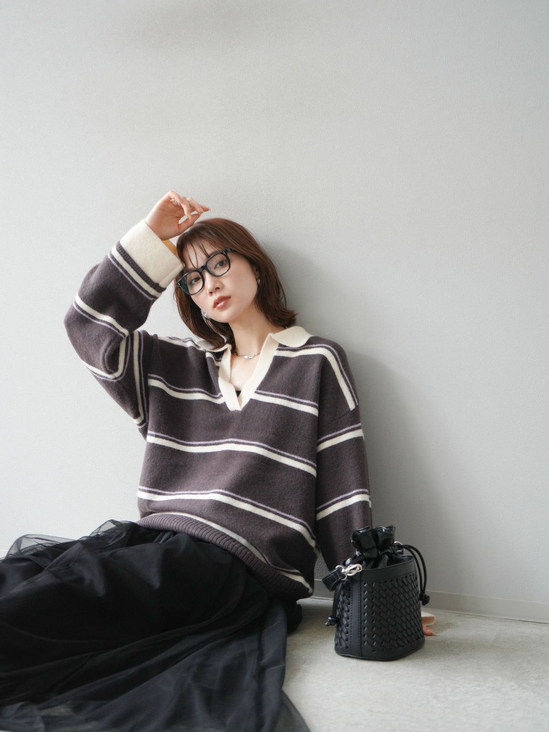 [SET]ポロ襟スキッパーボーダーニットプルオーバー+チュールボリュームスカート(2set)