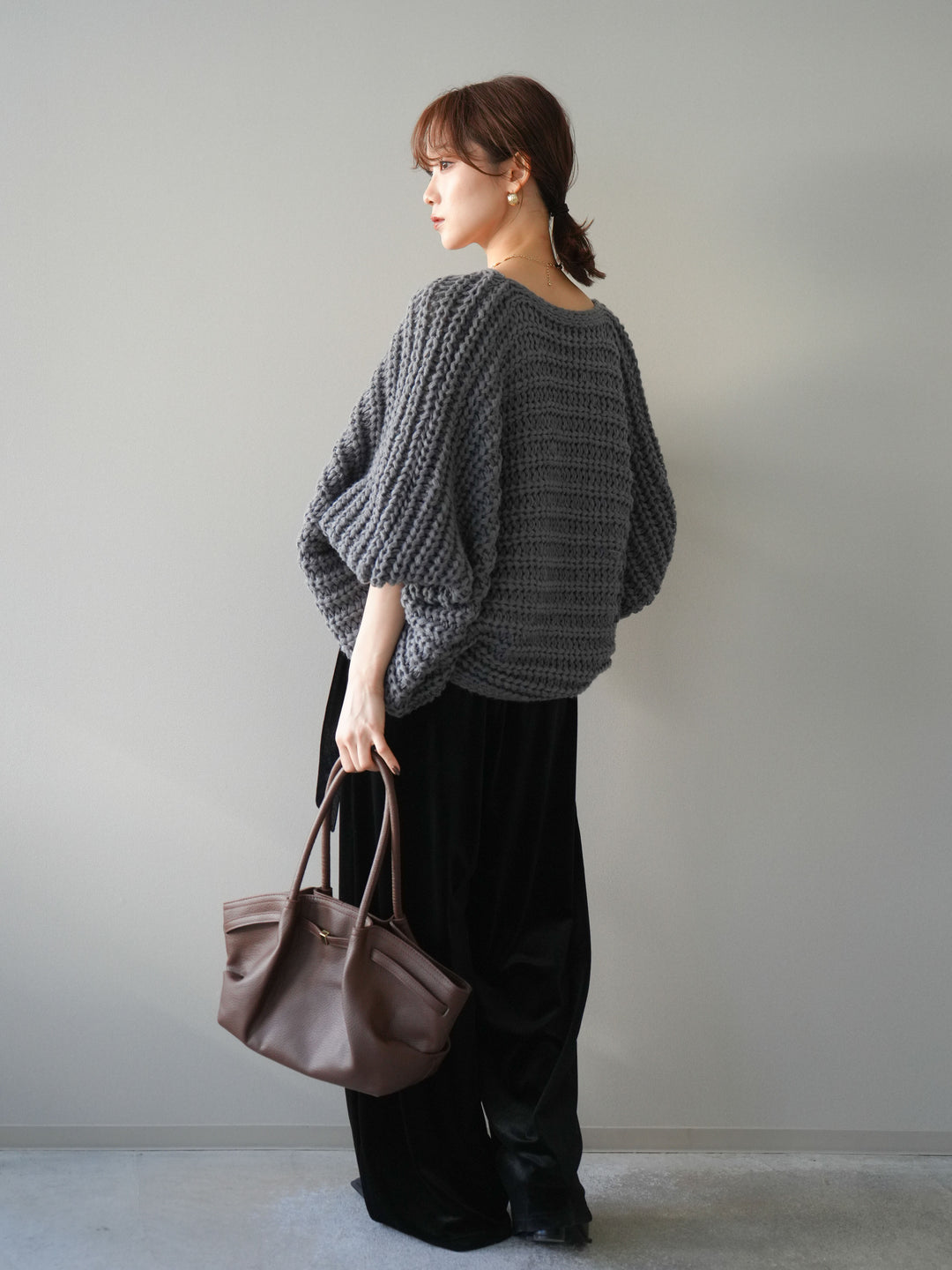 [SET]ローゲージ畦編みドルマンニットボレロ+ベロアベルトスリムパンツ(2set)