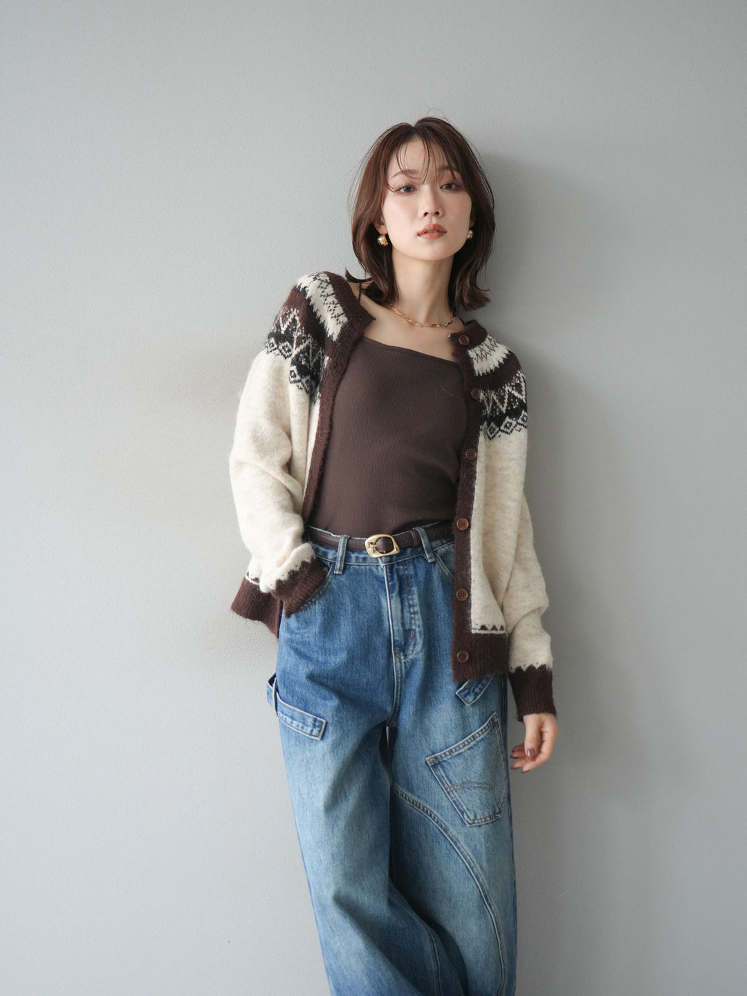 [SET]ノルディック柄ニットカーディガン+ペインターカーブデニムパンツ(2set)