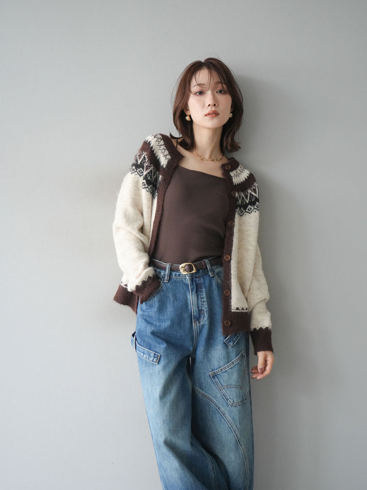 [SET]ノルディック柄ニットカーディガン+ペインターカーブデニムパンツ(2set)