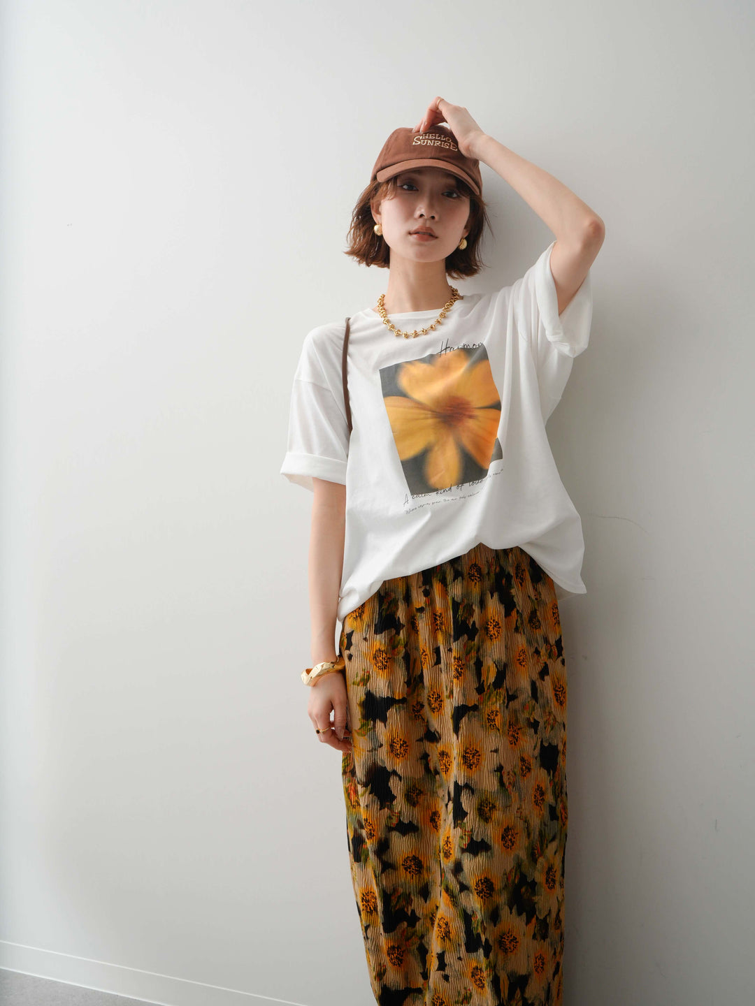 【着回しセット】フラワーフォトTEE+フラワープリントドレープタックパンツ+フラワープリントIラインギャザースカート(3set)