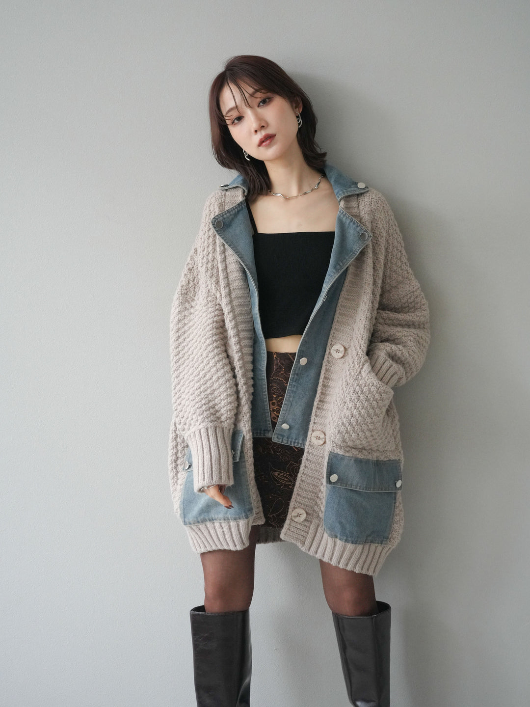 [予約]デニム襟レイヤードニットジャケット/greige