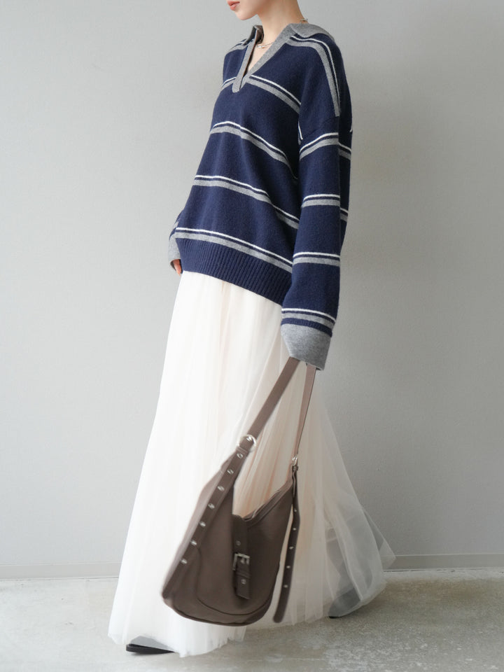 [SET]ポロ襟スキッパーボーダーニットプルオーバー+チュールボリュームスカート(2set)