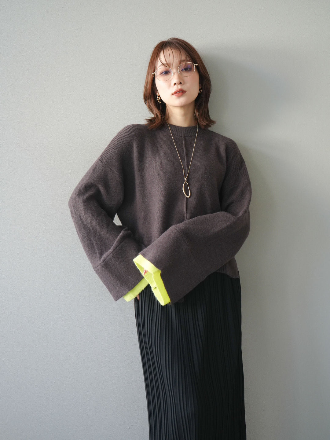 [予約]袖レイヤード配色ニットプルオーバー/brown