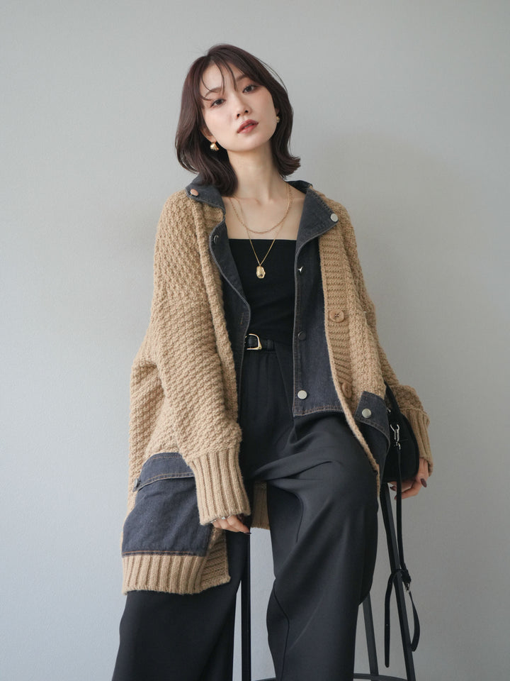 [予約]デニム襟レイヤードニットジャケット/beige