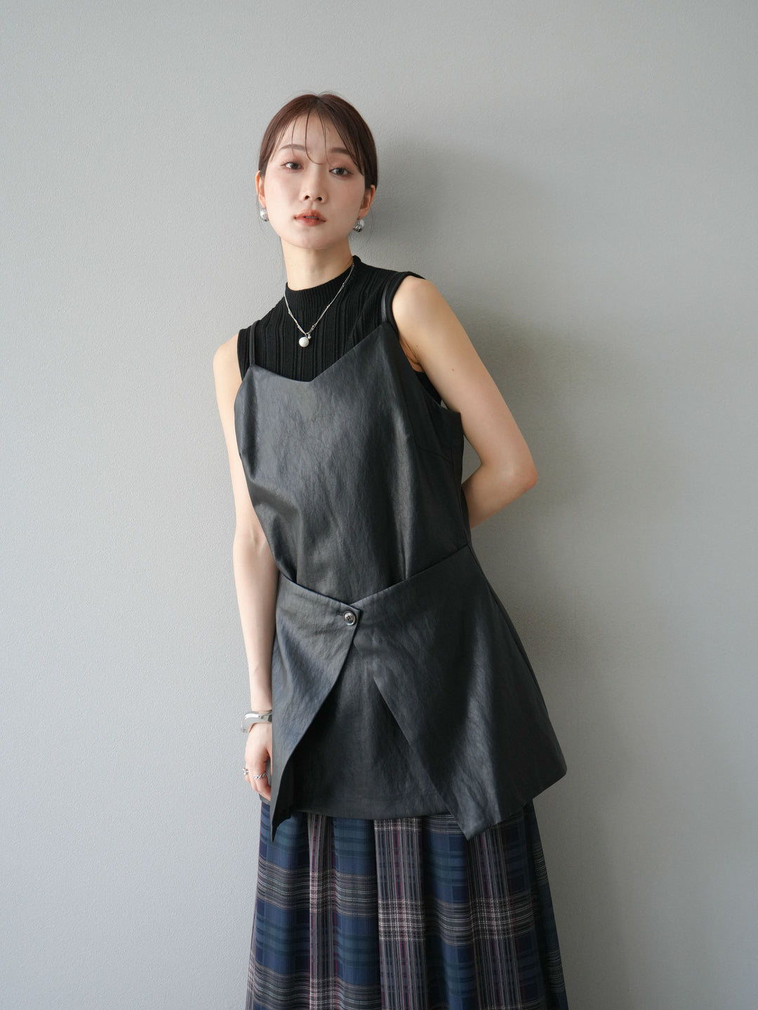 [予約]レイヤードレザーキャミソールチュニック/ブラック