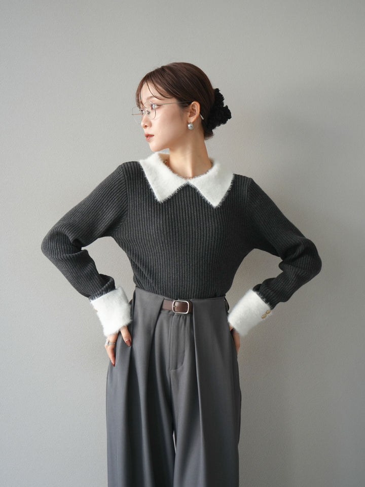 [SET]シャギー襟リブニットトップス+ベルトループデザインワイドパンツ(2set)